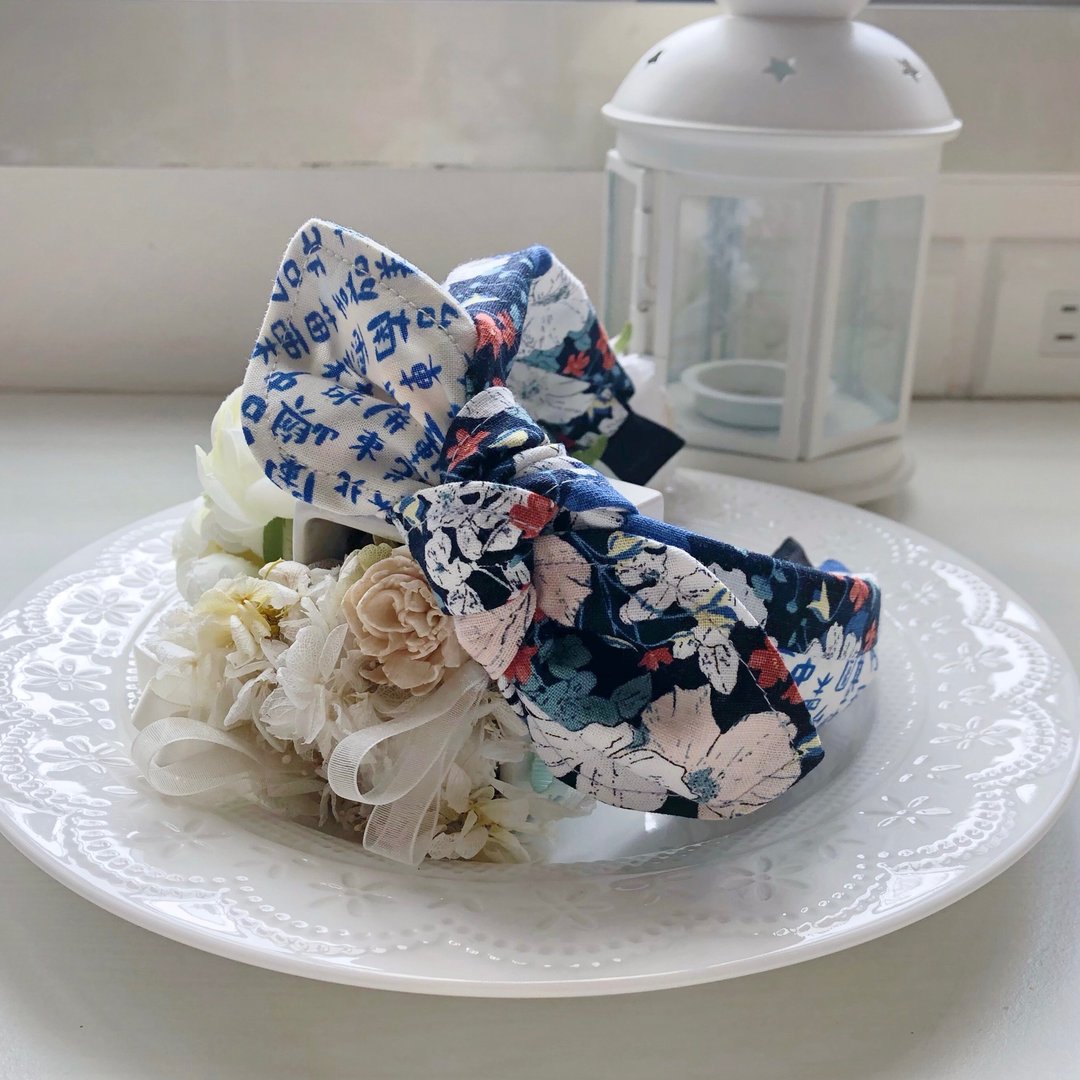 台湾文青-拼布棉麻布绑结蝴蝶结发箍头箍发饰-古色古香的台湾 - 发饰 - 棉 蓝色