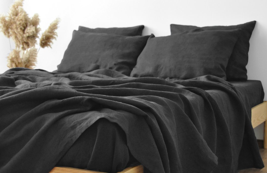 Charcoal linen sheet set / Flat+fitted sheet+2 pillowcases / Gray bedding - 寝具 - 亚麻 灰色