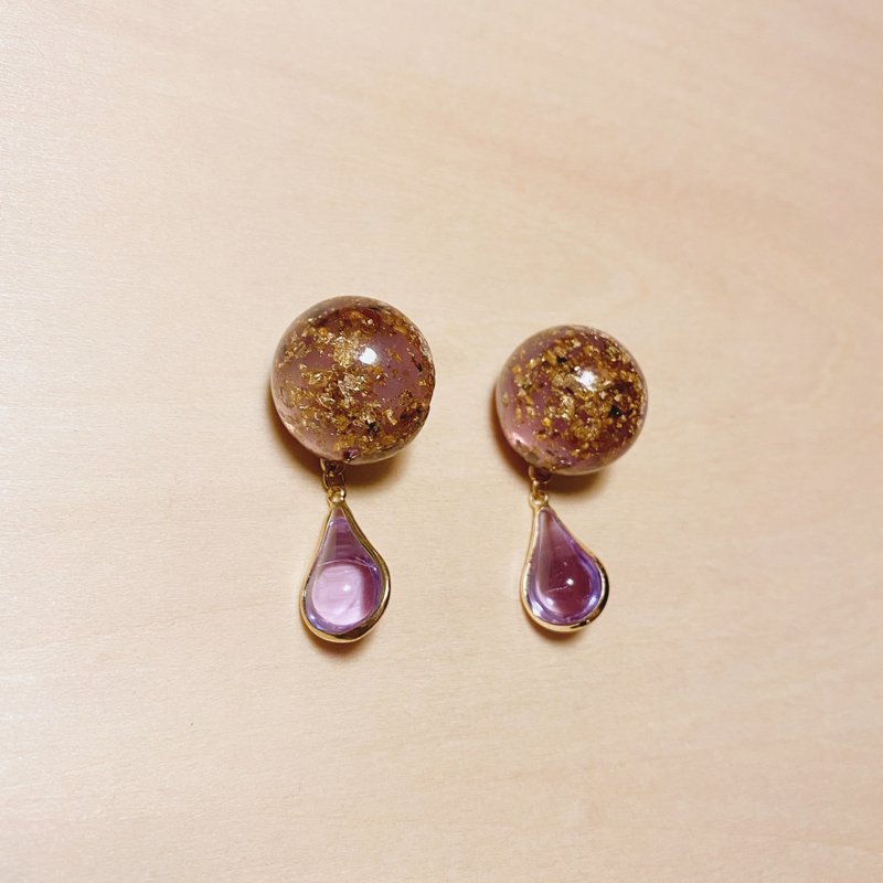 复古紫色金箔丸子镶边水滴耳环 - 耳环/耳夹 - 树脂 紫色