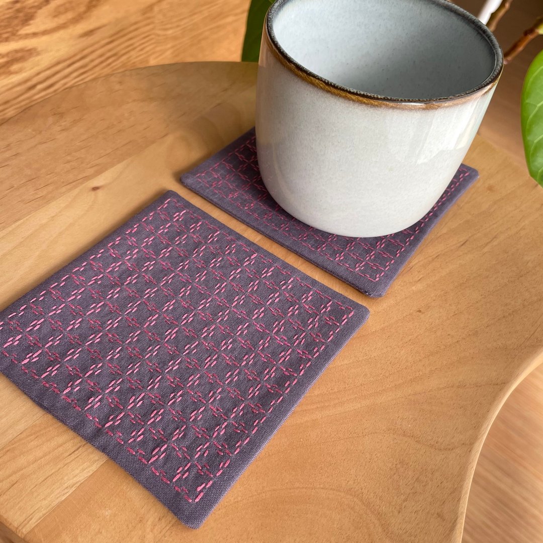 2 件套 Sashiko 杯垫，紫色紫刺绣杯架，方形，手工制作，日式，厨房用品，礼物，生日，圣诞节，咖啡厅用品，日本，手工制作 - 杯垫 - 棉 紫色