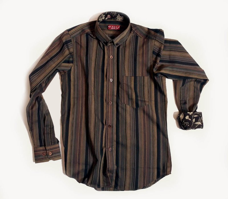 木质色 条纹 手工衬衫  Shirt  咖 - 男装衬衫 - 棉．麻 咖啡色