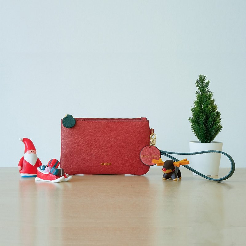 Handmade leather Coin Purse with Wrist strap - Christmas Red/Green - 零钱包 - 真皮 红色