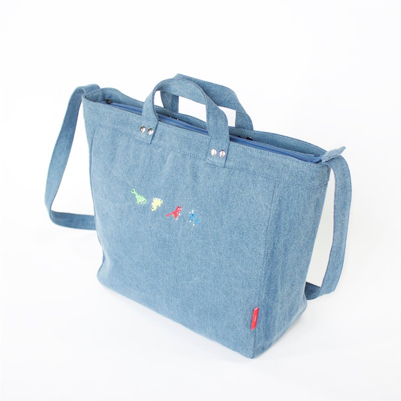 恐龙绣花两用洗水牛仔布肩背包/手提包 / 大号 - 手提包/手提袋 - 棉．麻 多色