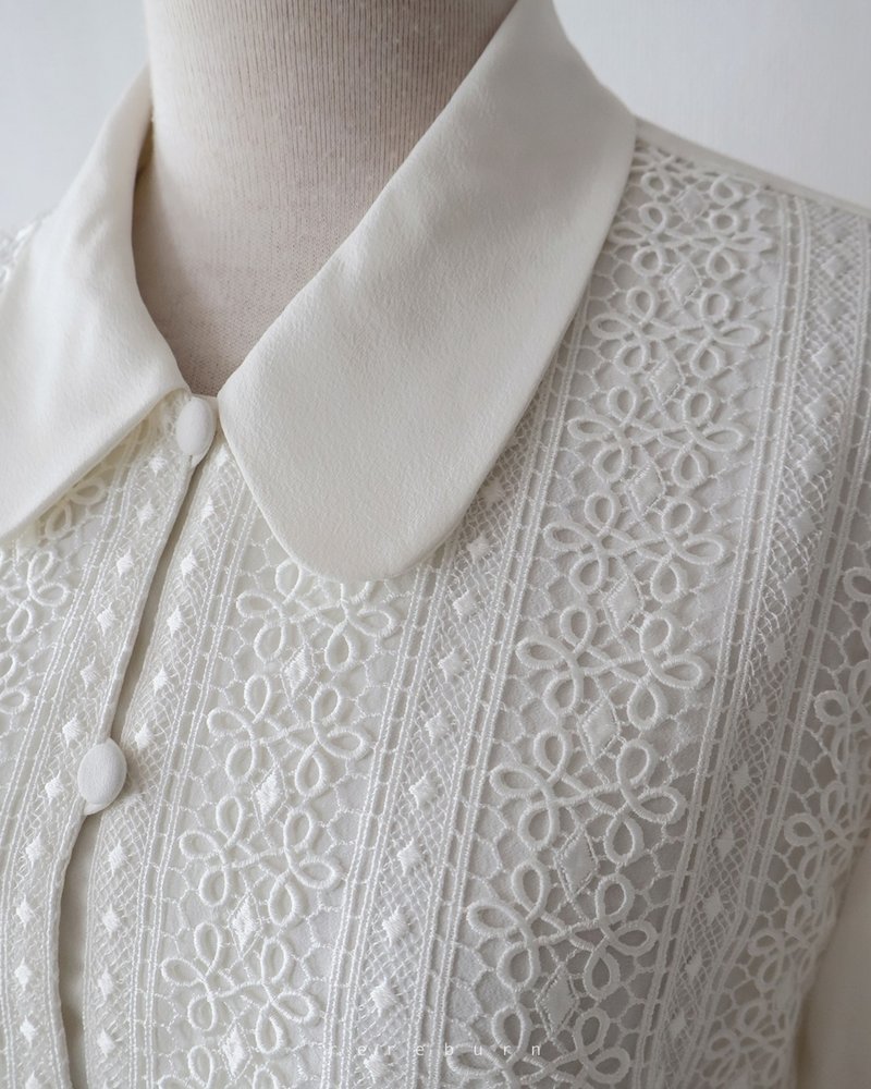 日系复古刺绣蕾丝拼接长袖白色古着衬衫 - 女装衬衫 - 聚酯纤维 白色