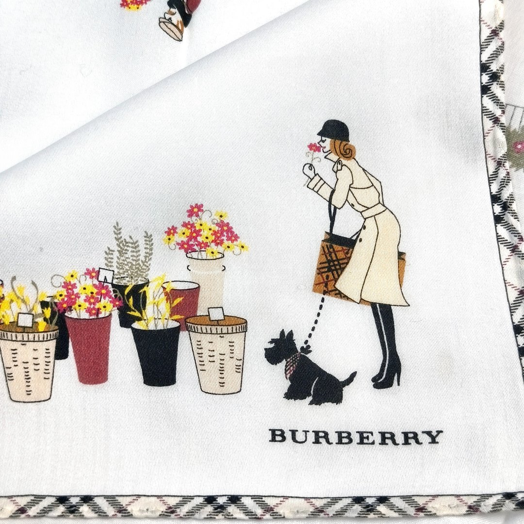 Vintage Burberry 手帕，花市女孩与苏格兰㹴（19 英寸） - 手帕/方巾 - 棉．麻 白色