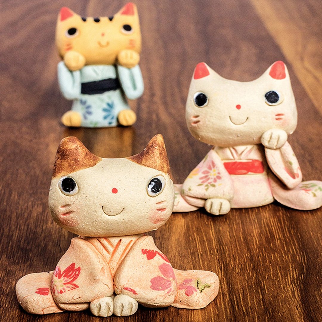 日本进口作舍手工粗陶御着物猫招财迎客财福双至陶瓷创意摆件礼物 - 摆饰 - 陶 