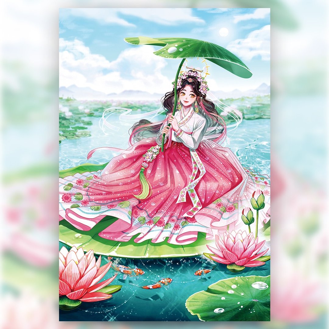 莲花仙子 - 韩服少女插画明信片 (uha) 书签 - 卡片/明信片 - 纸 多色