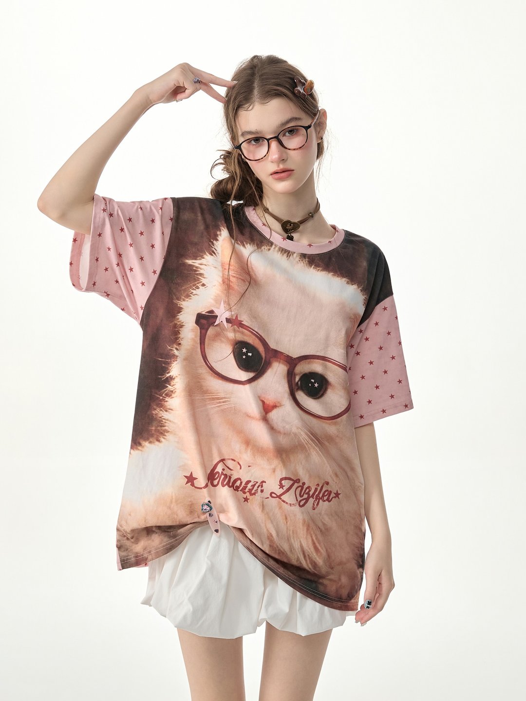 ziziFei''复古猫刊''夏甜酷粉色星星猫咪印花圆领宽松短袖大t恤女 - 女装 T 恤 - 其他材质 粉红色