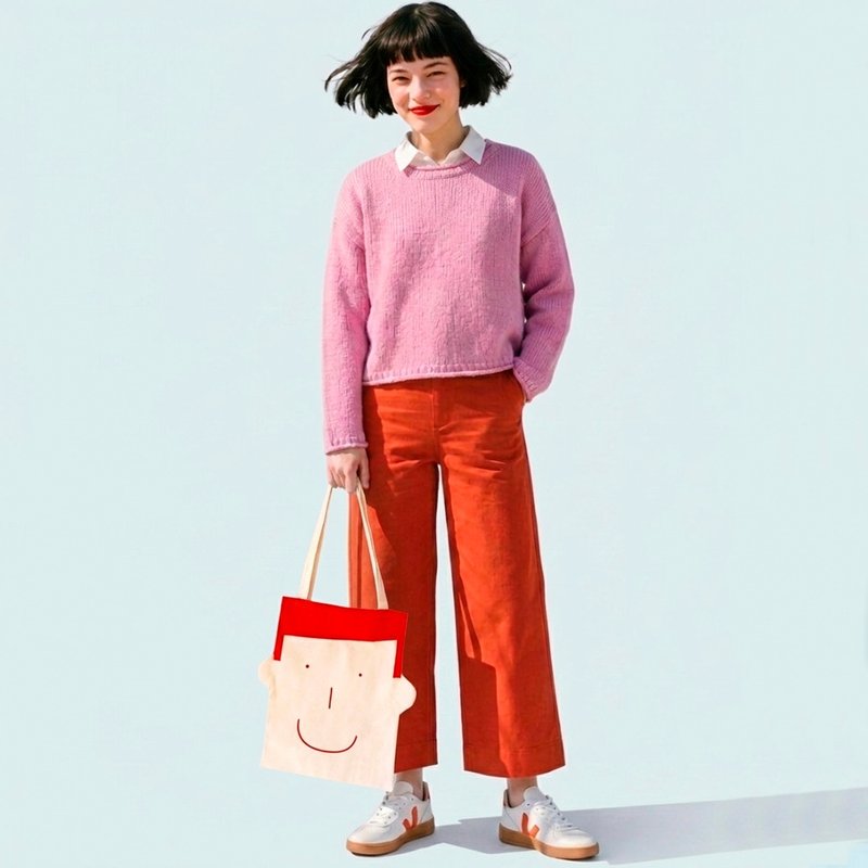 以 100% 纯棉布料制成的笑脸帆布托特包 - 手提包/手提袋 - 棉．麻 红色