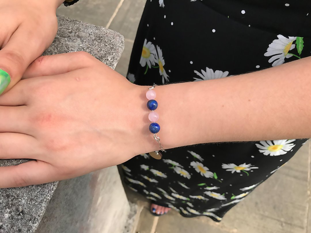 925 Sterling Silver Rose Quartz and Lapis Lazuli Ball Friendship bracelet - 手链/手环 - 半宝石 多色