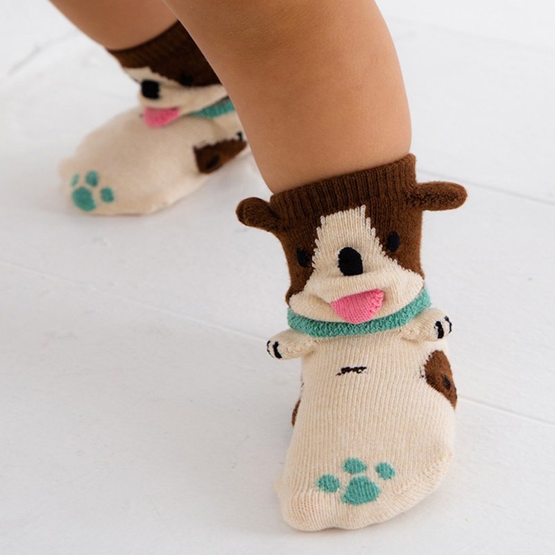 1212254 Animal Crossing Socks Dog Pop-up Socks Made in Japan Beige / White XS 9-12cm S 13-16cm - 婴儿袜子 - 棉．麻 卡其色