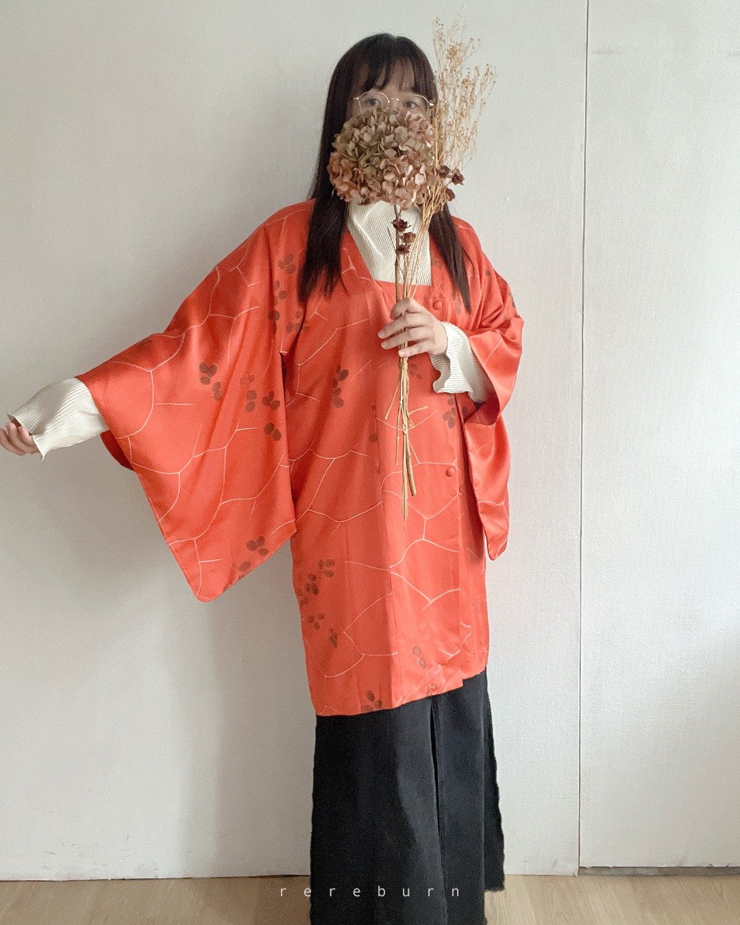 日本制和风印花薄款橘红色古着道行和服外套 - 女装休闲/机能外套 - 聚酯纤维 