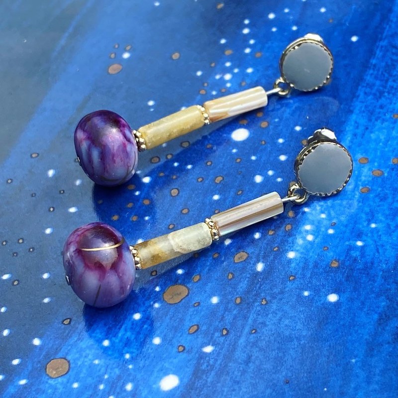 【Lost and find】古董日本手绘珠 疯狂玛瑙 贝母 耳环 - 耳环/耳夹 - 宝石 紫色