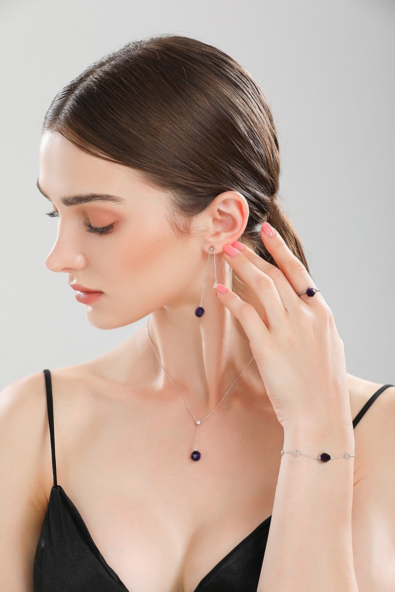 【圣诞礼物】【毕业礼物】紫色虎眼石S925纯银锆石手链03(可调) - 手链/手环 - 水晶 紫色