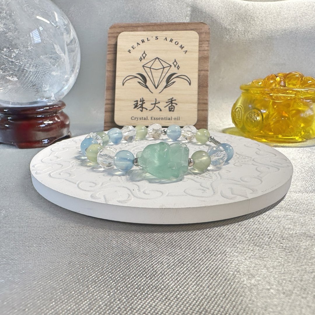 海语灵狐 蓝绿萤石九尾狐 海蓝宝 葡萄石 白水晶 925纯银 - 手链/手环 - 水晶 多色
