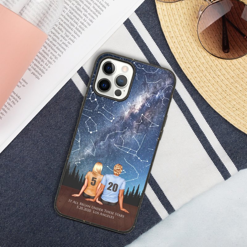 卡通化情侣背影肖像似颜绘插画交往纪念日的真实星空夜晚手机壳 - 手机壳/手机套 - 塑料 蓝色