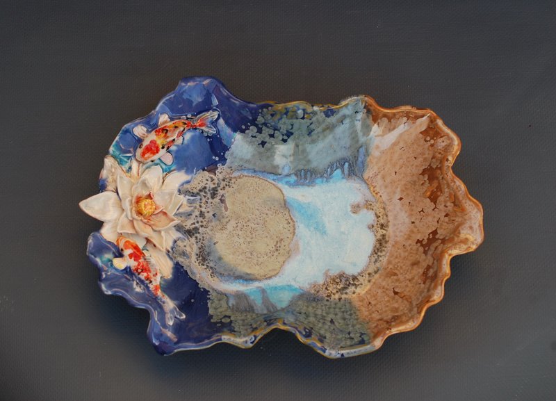 陶瓷碗锦鲤鱼睡莲装饰水果糖果碗装饰花瓶 - 花瓶/陶器 - 瓷 多色