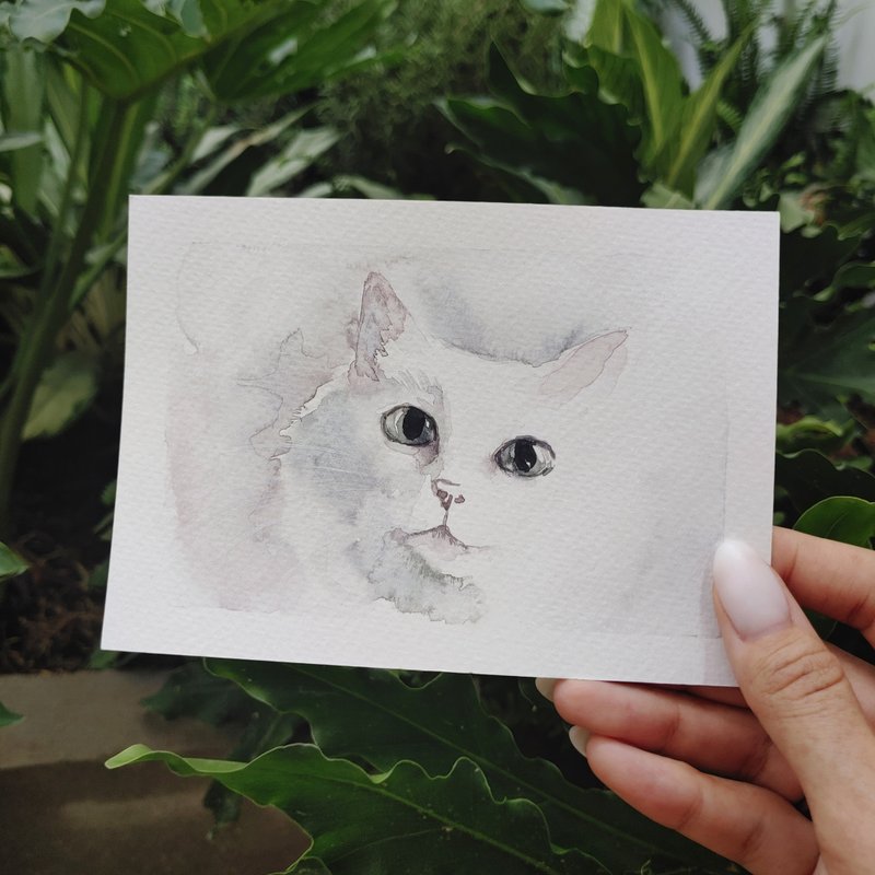 Cat original watercolor painting. Pet kitty postcard - 卡片/明信片 - 纸 白色