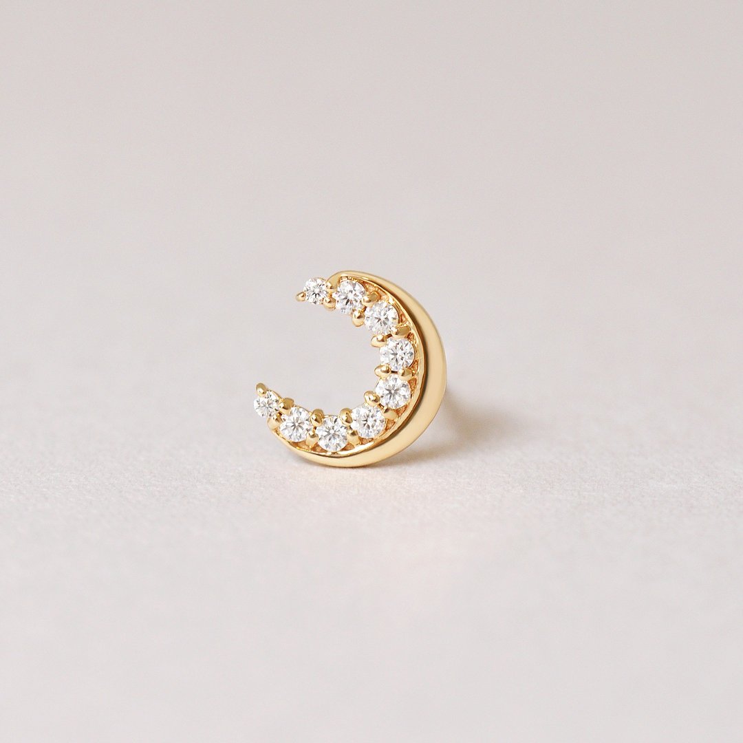 【Solo Earring】 18K/10K 莫桑石月亮单边耳环 (黄金) - 耳环/耳夹 - 贵金属 