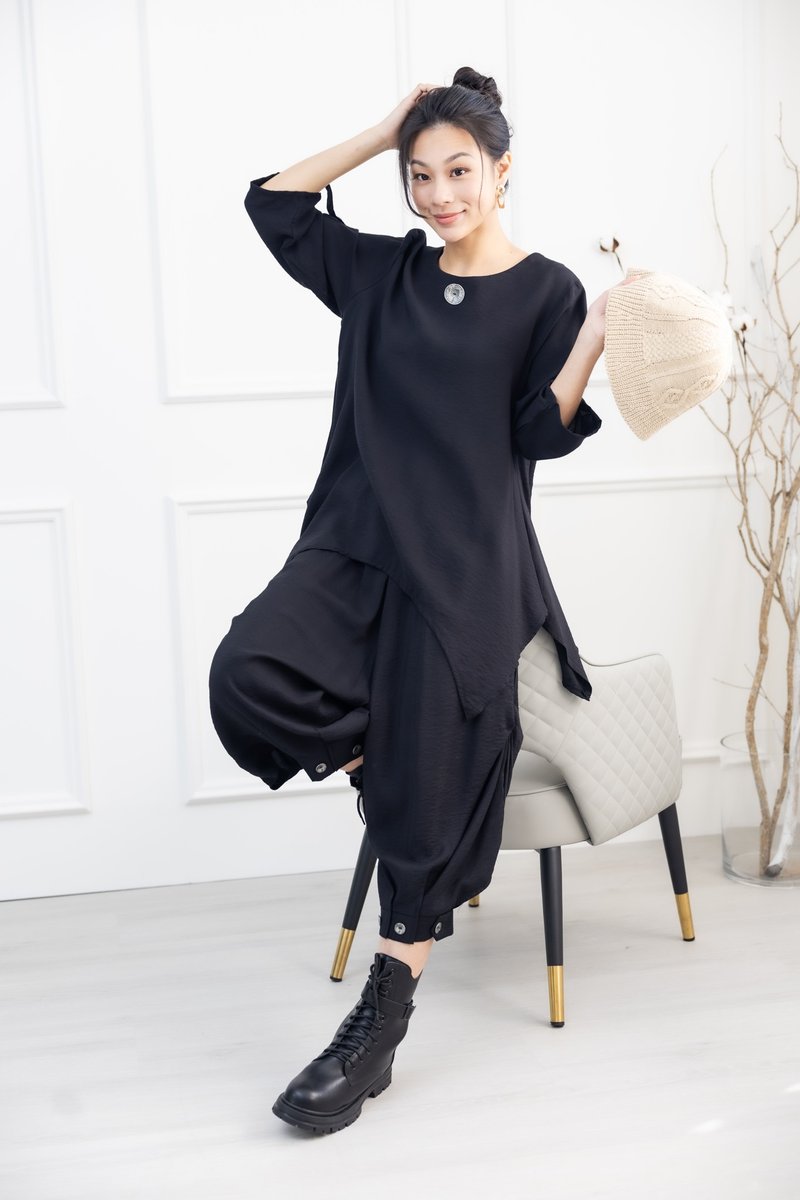 大颗钮扣七分袖上衣 黑色 - 女装上衣 - 其他材质 黑色