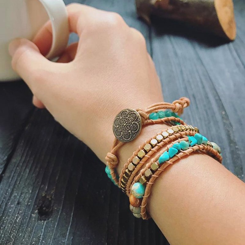 天然石编织手环-绿色系/三圈 帝皇石 绿松石 定制化商品 - 手链/手环 - 宝石 绿色