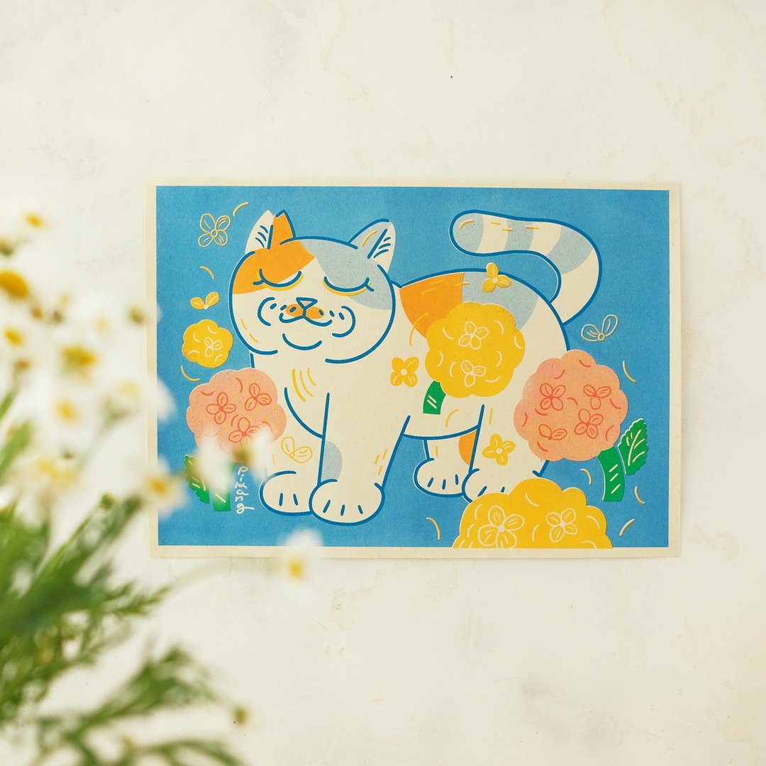猫与花海报 / 美吉绣球花 / A4 孔版印刷 - 海报/装饰画/版画 - 纸 蓝色