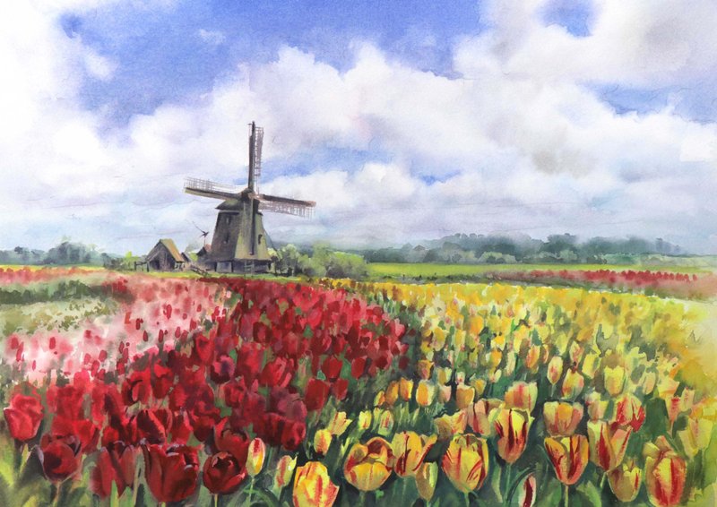 Mill hand painted watercolor, handmade paintings, wall art, home wall decor - 墙贴/壁贴 - 纸 多色