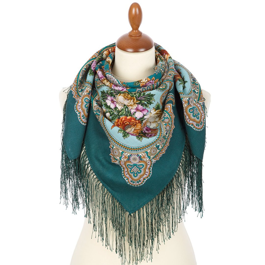 正品 Павло́во Поса́д 俄罗斯披肩 丝巾 柔软 100% 羊毛 89x89 厘米 1814-12 - 丝巾 - 羊毛 绿色