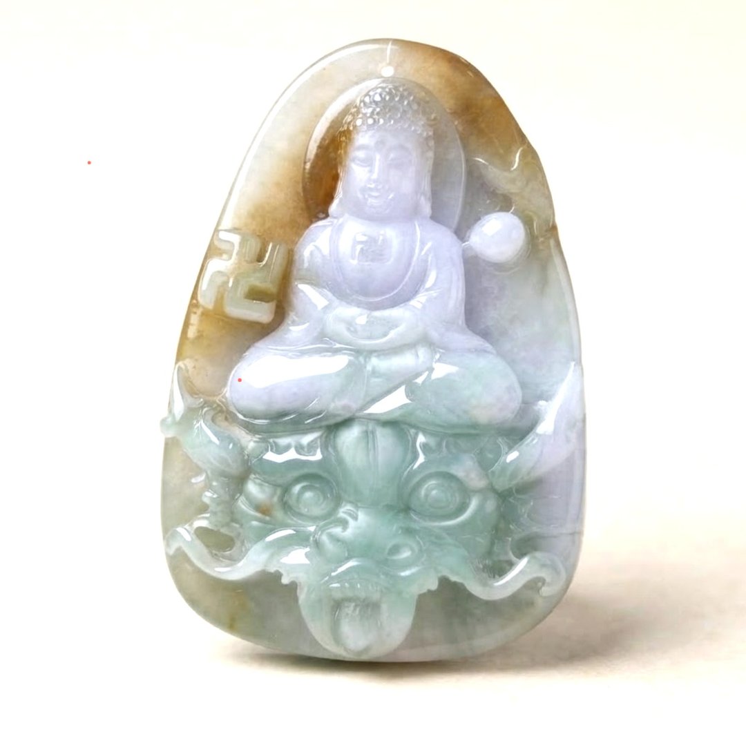 冰三彩翡翠精雕乘龙佛祖 | 天然缅甸玉翡翠A货 | 送礼 - 项链 - 玉石 多色