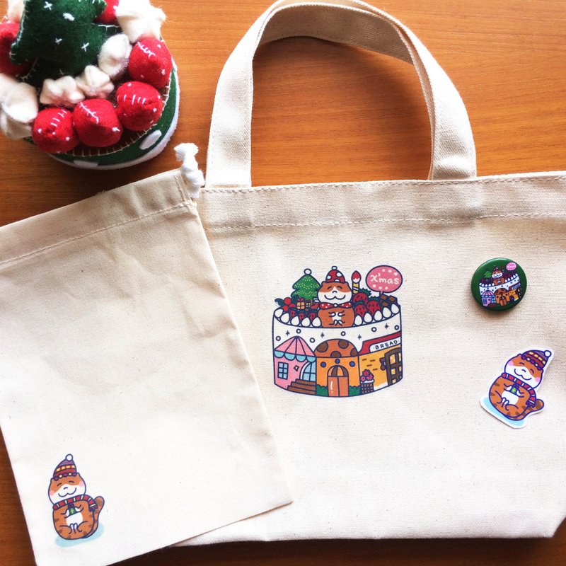 圣诞蛋糕喵喵 交换礼物 帆布袋组 手工印制 Canvas Bag Gift - 手提包/手提袋 - 棉 