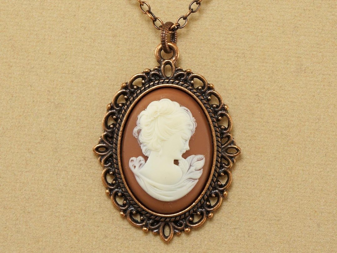Brown Ivory Lady Cameo Victorian Girl Cameo Copper Pendant Necklace Jewelry Gift - 项链 - 其他材质 咖啡色