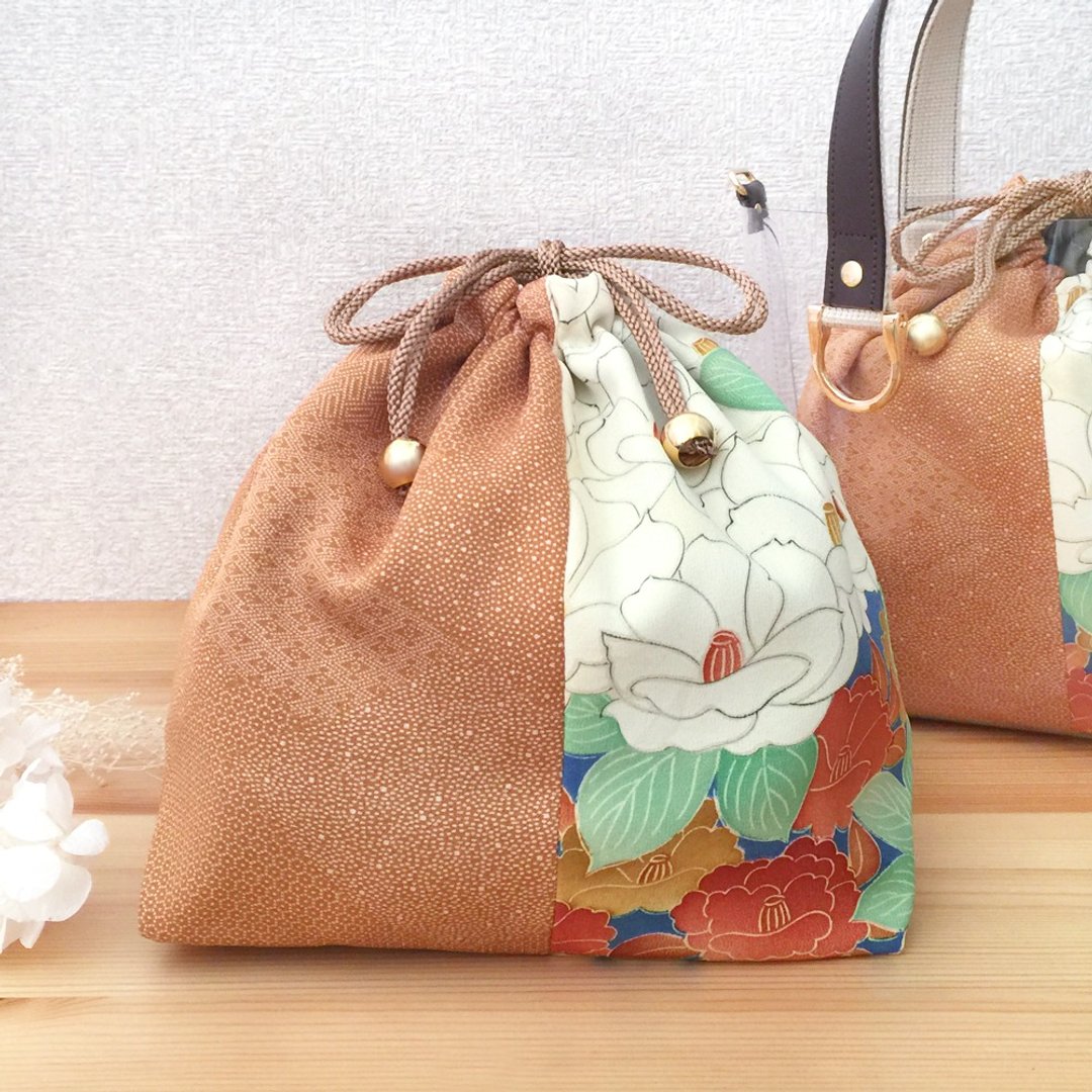 Drawstring Bag with Japanese pattern, Kimono - Silk - for Clear Tote Bag - 化妆包/杂物包 - 丝．绢 紫色