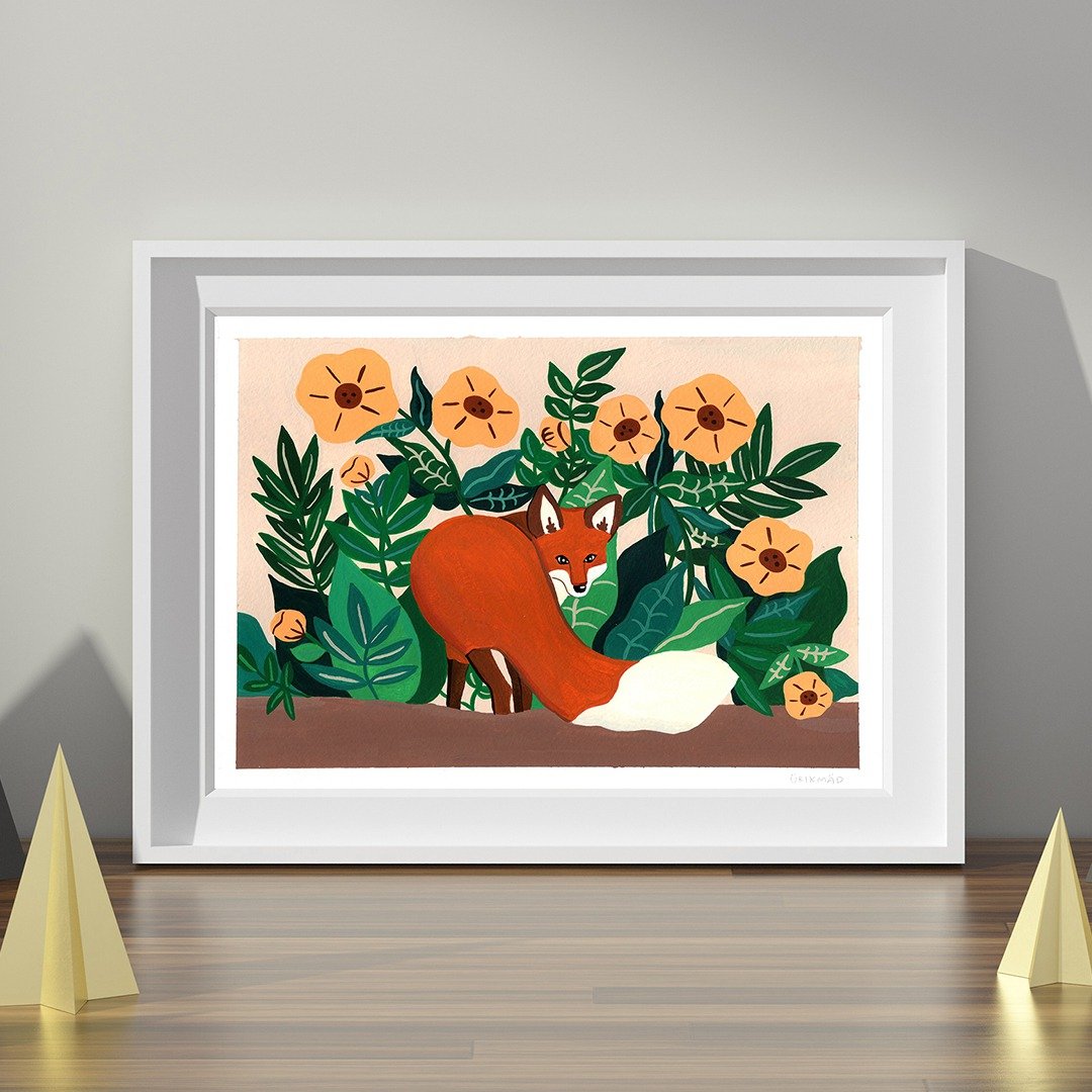 Original Painting // A Fox in Garden - 海报/装饰画/版画 - 纸 咖啡色
