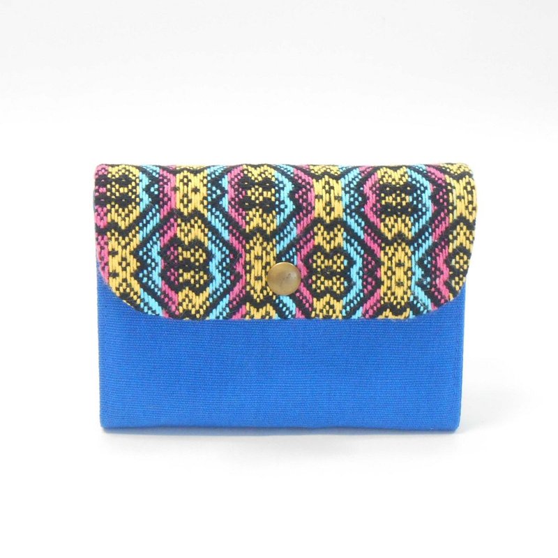 手织布 磁扣短夹03-彩色手织布x宝蓝色帆布 - 皮夹/钱包 - 棉．麻 蓝色