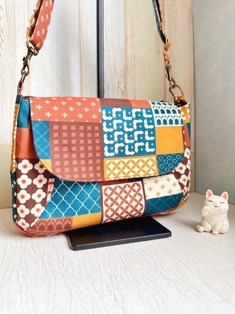 花样拼接 多层内袋夹层拉链肩背包 侧背包 斜背包 邮差包 - 侧背包/斜挎包 - 棉．麻 咖啡色