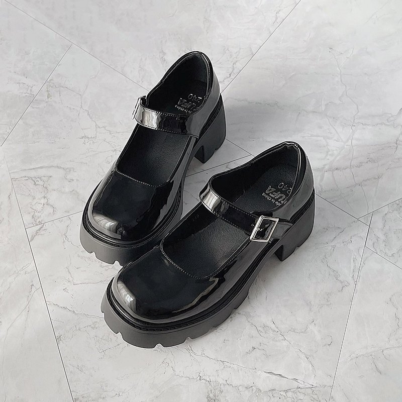 轻量漆皮厚底玛莉珍鞋-黑/杏 1DF012 - 女款牛津鞋/乐福鞋 - 人造皮革 黑色