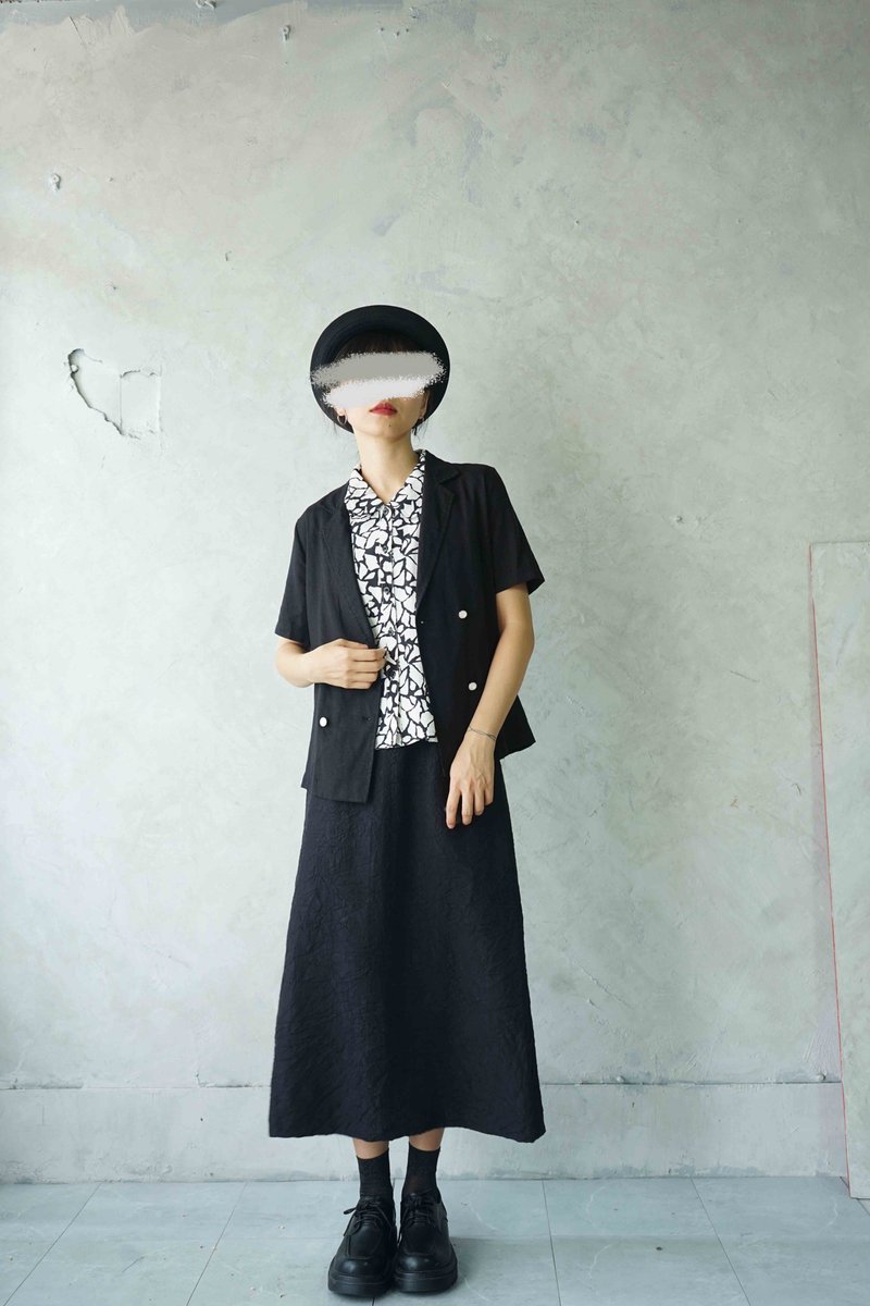 寻宝古着-黑色亚麻料简约短袖西装外套 - 女装西装外套/风衣 - 棉．麻 黑色