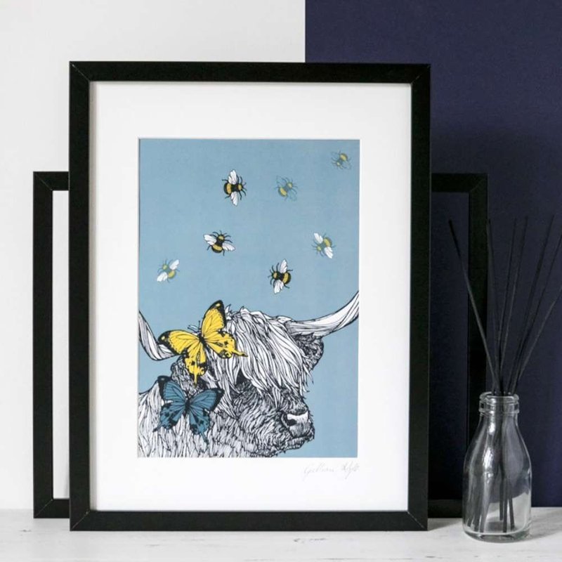 英国Gillian Kyle苏格兰手绘高山牛与蝴蝶图腾壁挂相框(黑) - 画框/相框 - 木头 黑色