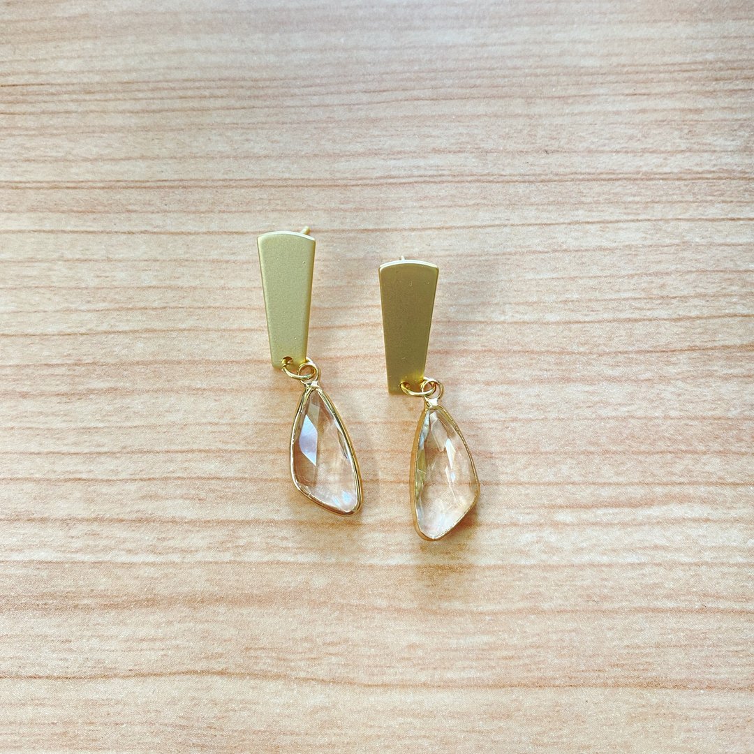 18K方形哑金仿水晶清透吊坠耳环 - 耳环/耳夹 - 其他金属 金色