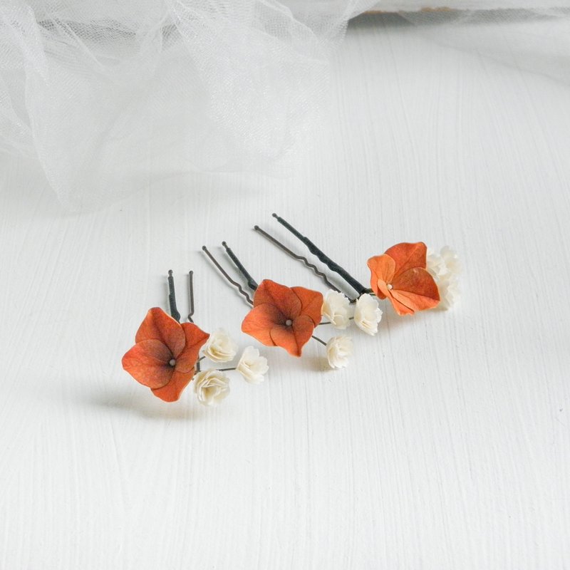 赤陶色绣球花发簪 满天星 婚礼新娘花艺发饰 - 发饰 - 植物．花 橘色