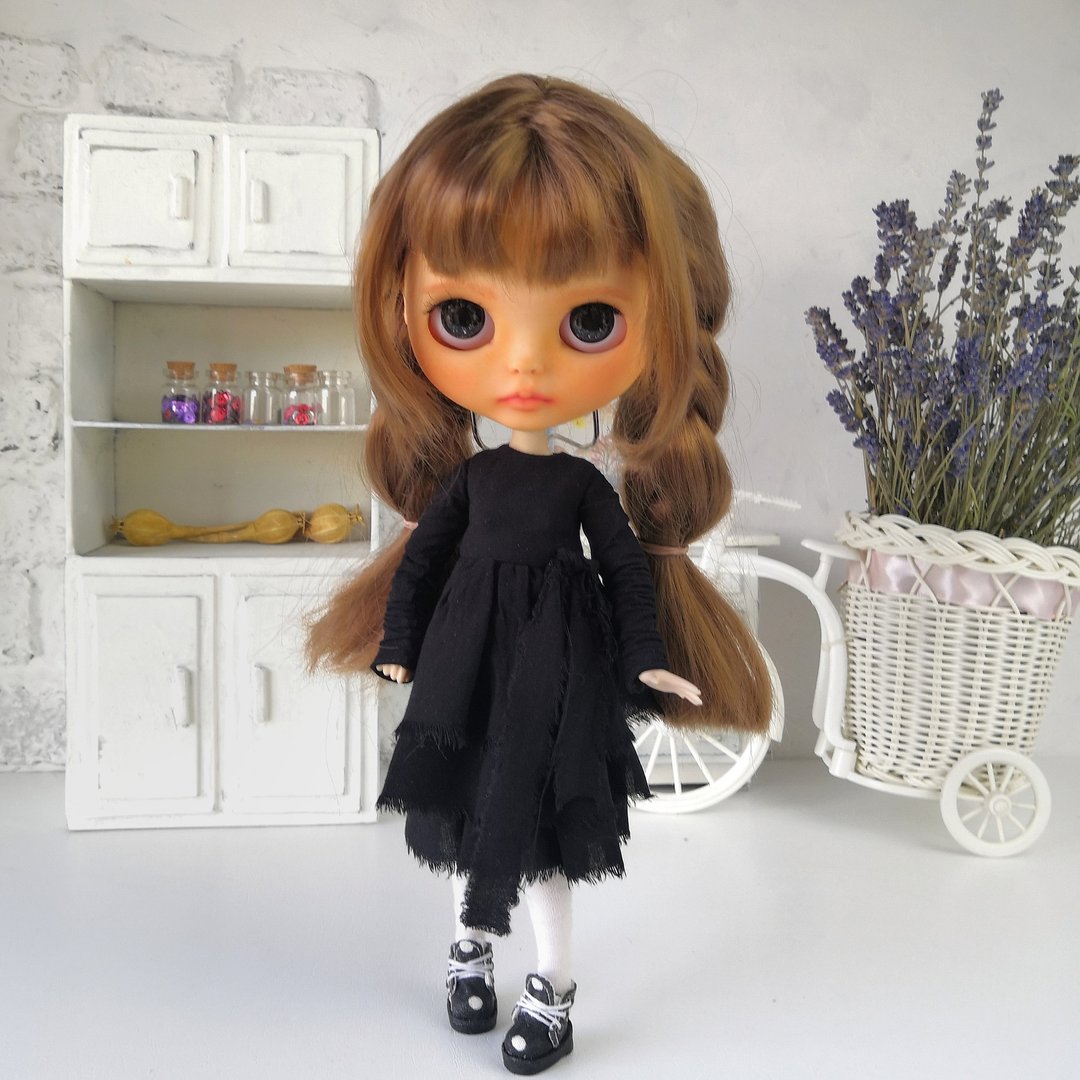 黑色洋装搭配长袖娃娃 Blythe 12 寸。布莱斯娃娃的衣服 - 玩偶/公仔 - 棉 