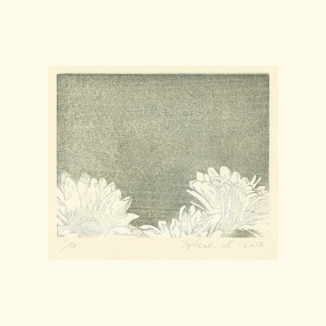 原作版画 - 夜晚的非洲菊 夜とガーベラ - 矶上 尚江 - 海报/装饰画/版画 - 纸 灰色