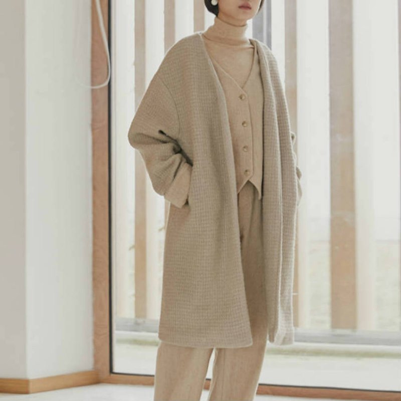 花呢色 100%羊毛毛呢料假两件大衣 马甲式背心极简休闲中长款外套 - 女装休闲/机能外套 - 羊毛 卡其色