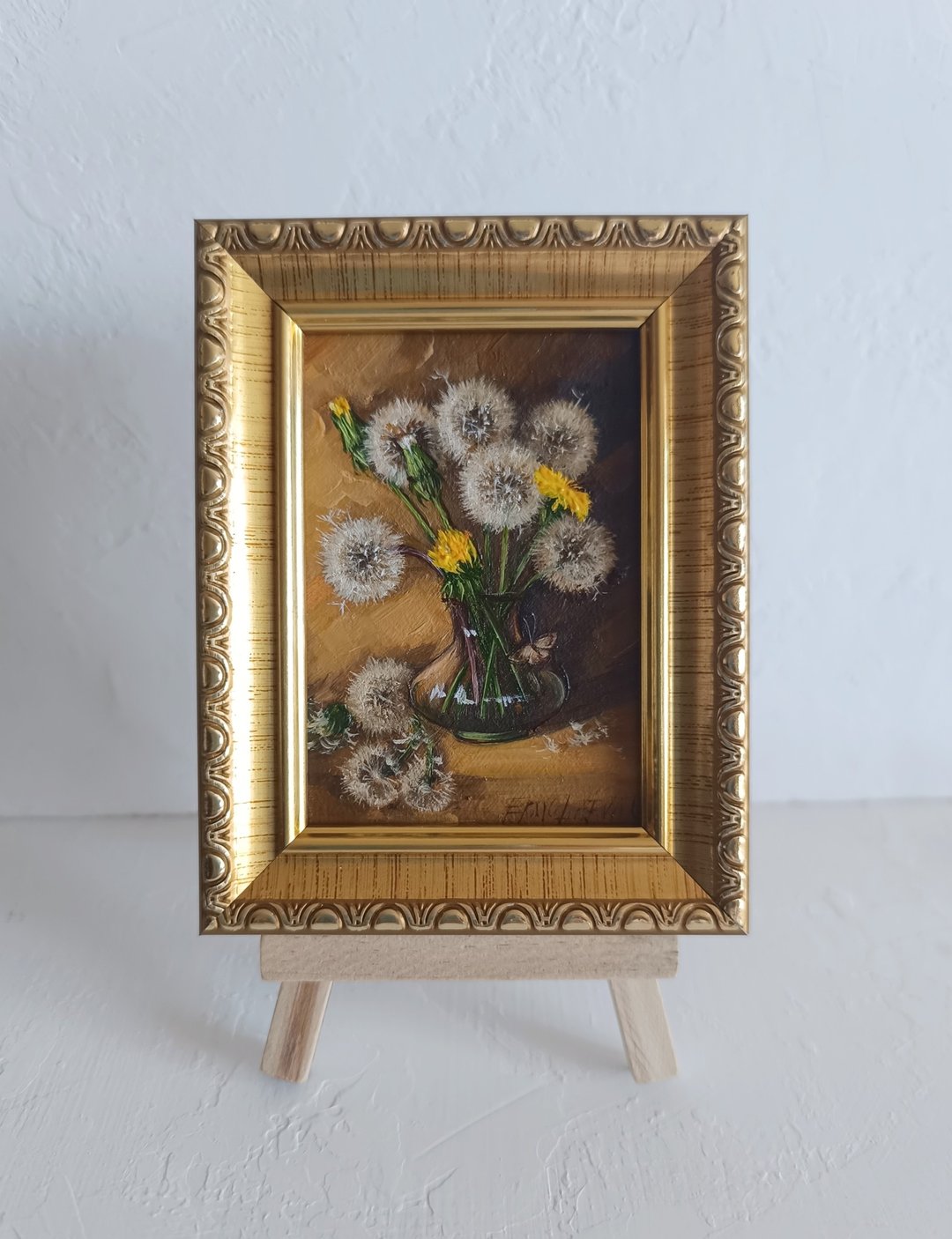 ACEO 蒲公英花瓶油画微型静物 2.5 × 3.5 英寸 - 墙贴/壁贴 - 其他材质 卡其色