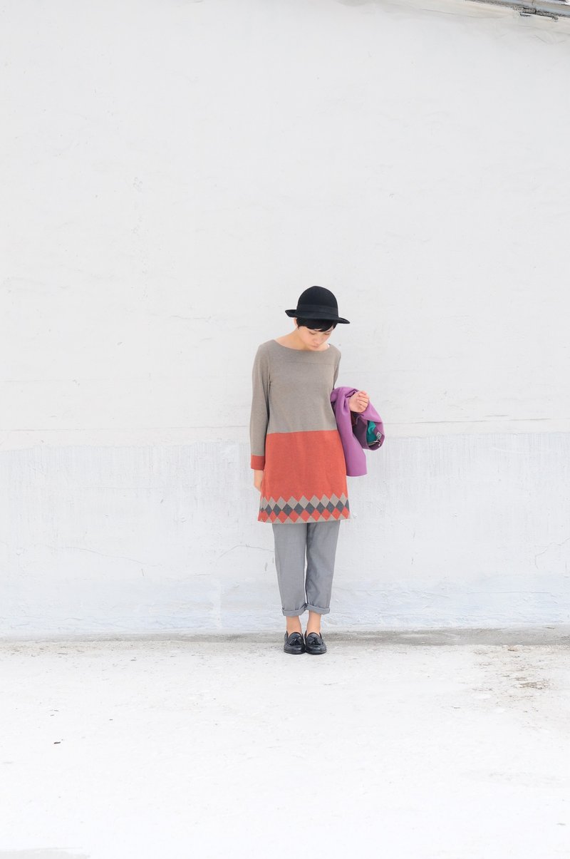 针织菱格纹 大色块棉料洋装/春日 - 洋装/连衣裙 - 其他材质 卡其色