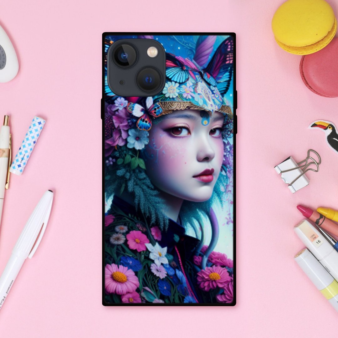 梦幻般、华丽的蝴蝶与花朵帽子的梦幻可爱魔女 方形手机壳【强化玻璃处理】适用于 iPhone16 - 手机壳/手机套 - 塑料 多色