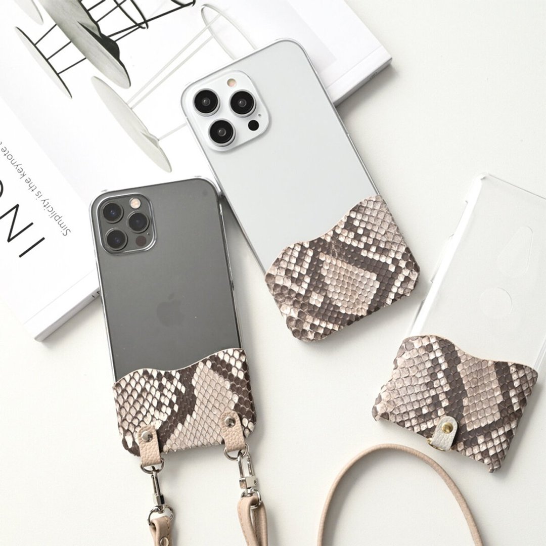 Smartphone Case Compatible with All Models [Small Diamond Python] Clear Smartphone Shoulder Himeji Leather Shrink Leather Genuine Leather Snake Pattern Mother's Day BF02K - 手机壳/手机套 - 真皮 灰色