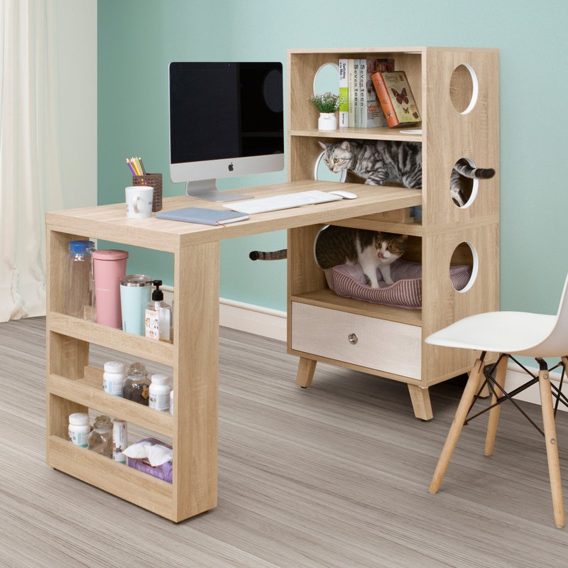 猫咪穿越转角桌组 - 餐桌/书桌 - 木头 卡其色