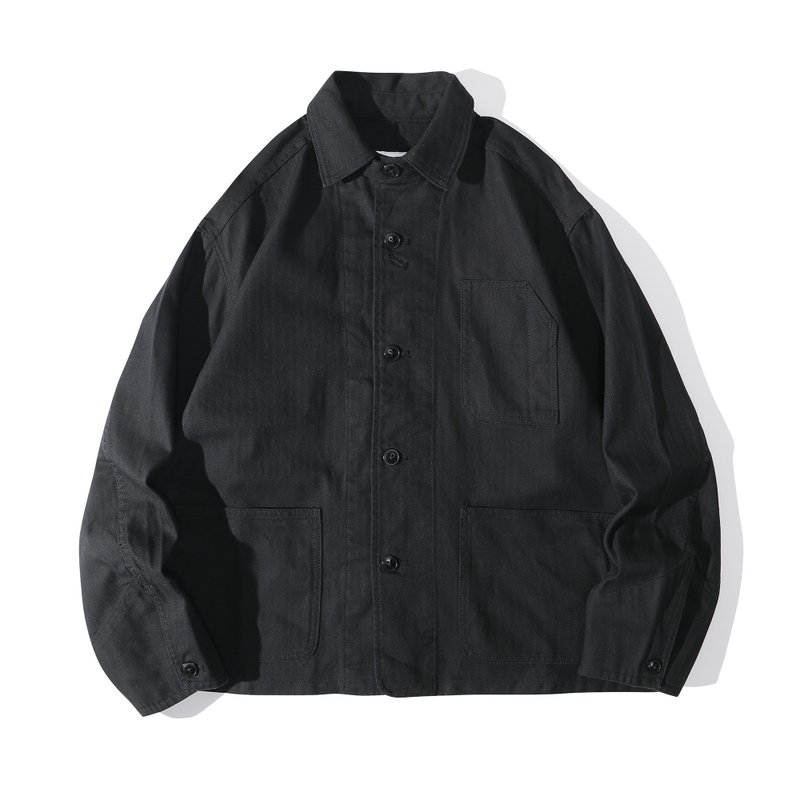 Incense Harbour 工装夹克 - 黑色棉质人字纹 - 男装外套 - 棉．麻 黑色