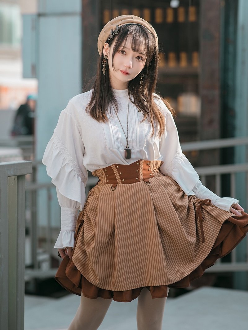 蒸汽朋克 橘棕条纹 荷叶边 高腰A字裙 双层复古 可爱甜美 半身裙 - 裙子 - 聚酯纤维 咖啡色